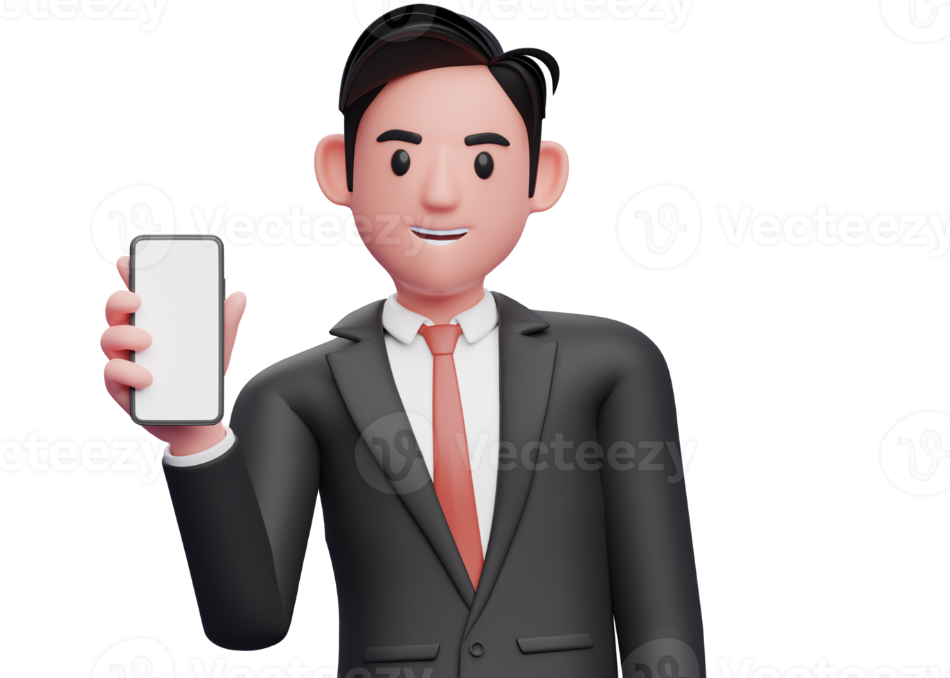 close up of businessman in black formal suit holding phone while tilting body, 3d illustration of businessman using phone png