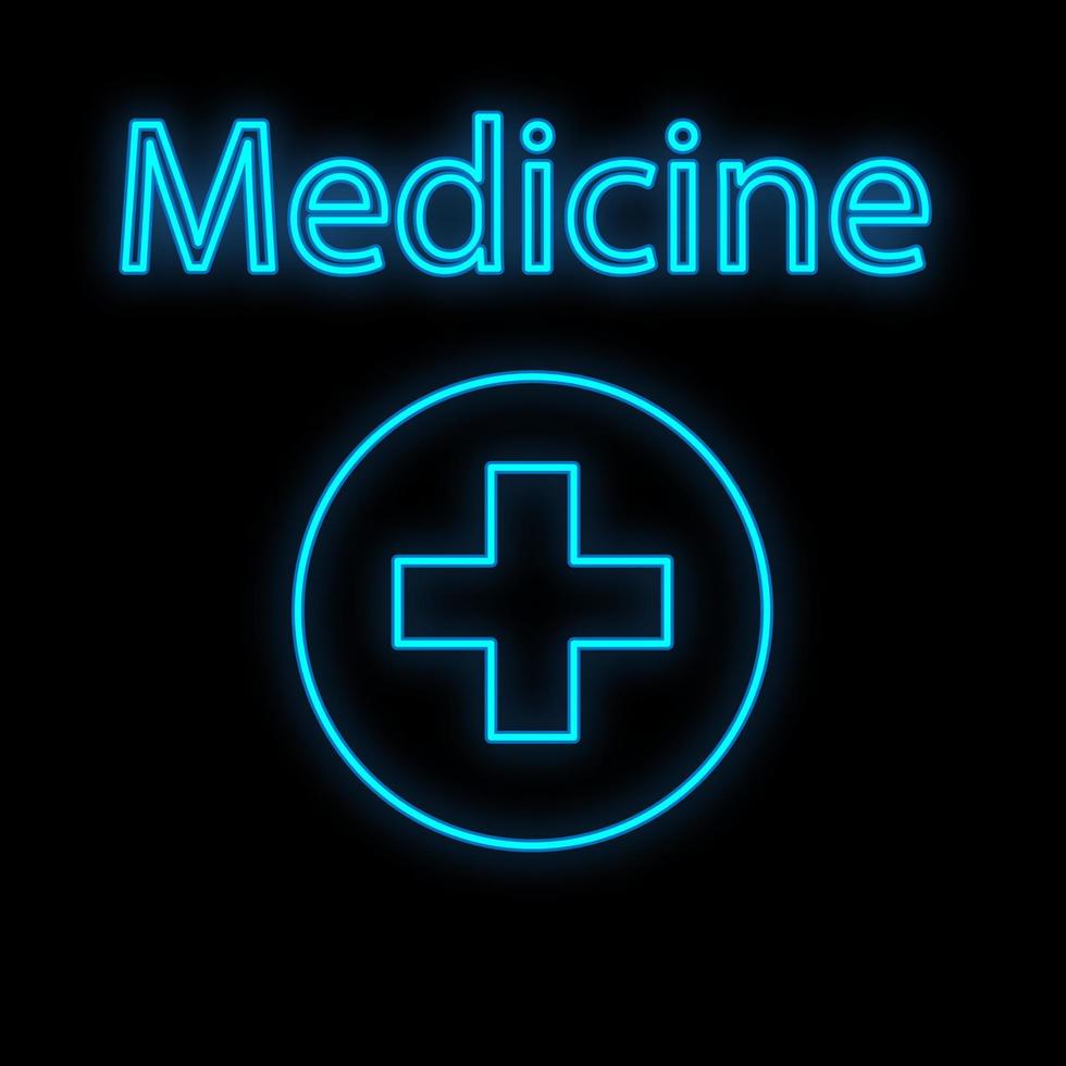 signo de neón digital médico azul luminoso brillante para una farmacia o tienda de hospital hermoso brillante con un cartel de ambulancia con una cruz sobre un fondo negro. ilustración vectorial vector