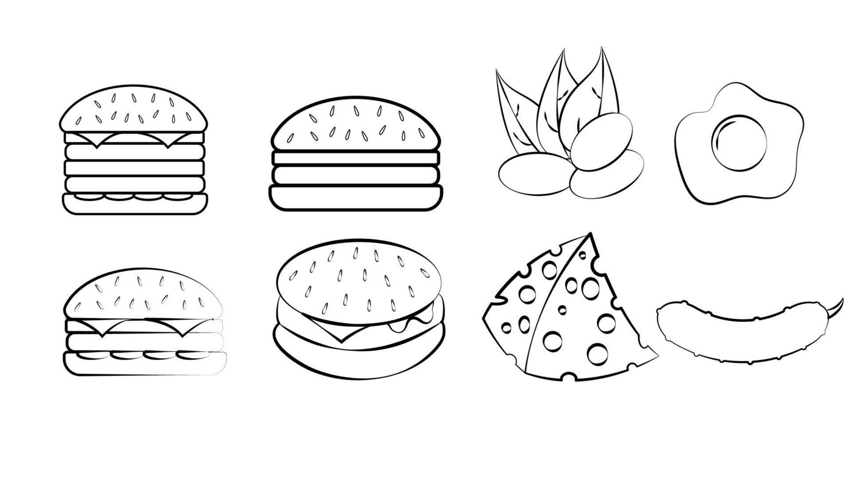 conjunto en blanco y negro de ocho íconos de deliciosa comida y bocadillos para un restaurante bar cafetería en una hamburguesa de fondo blanco, pistachos, huevo, queso, pepino vector
