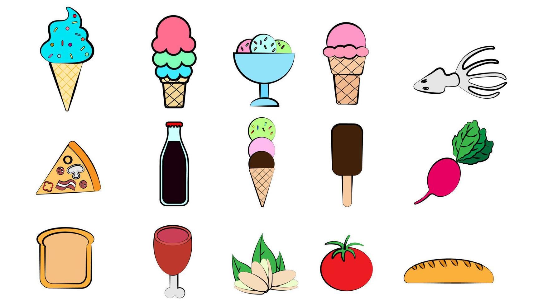 A set of eight icons of items of delicious food and snacks for a cafe bar restaurant on a white background ice cream, syrup, soda vector