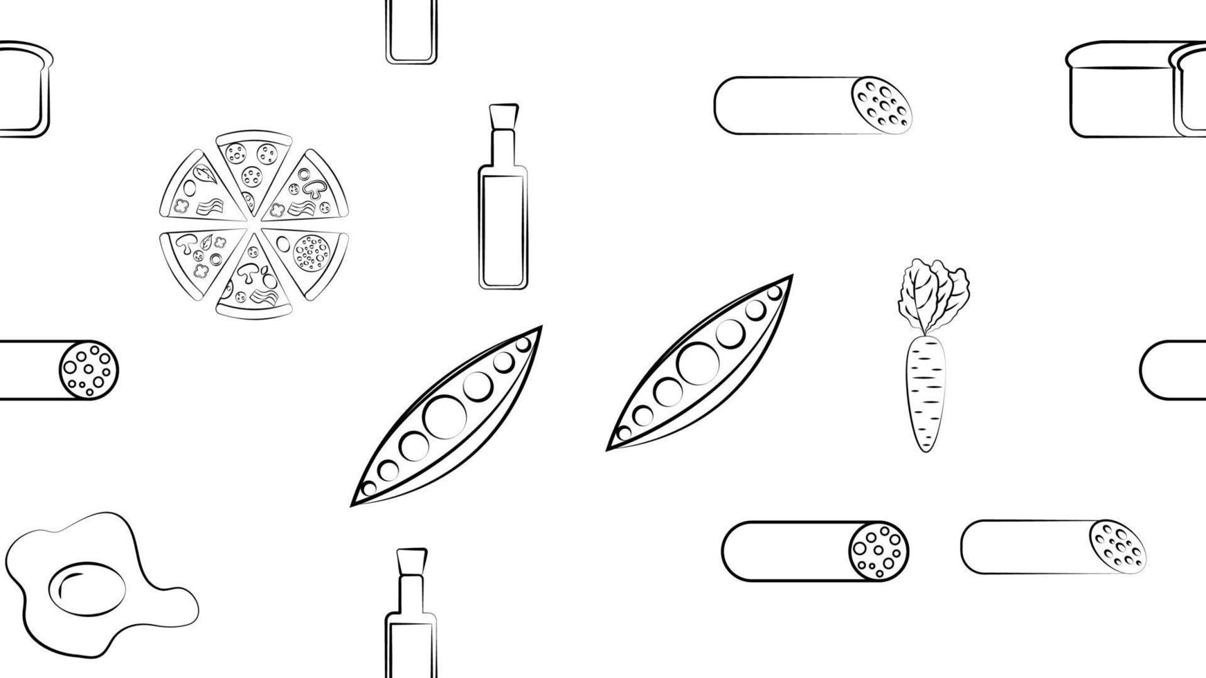 Black and white endless seamless pattern of food and snack items icons set for restaurant bar cafe pizza, sausage, olive oil, bread, egg, peas, carrots. The background vector