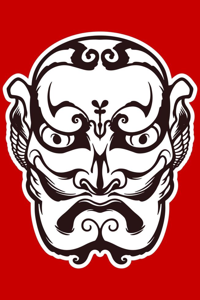 Hand drawn white japanese traditional mask isolated on red background. vector