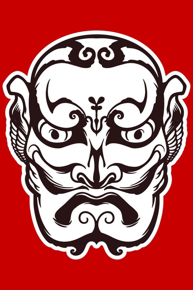 Hand drawn white japanese traditional mask isolated on red background. vector