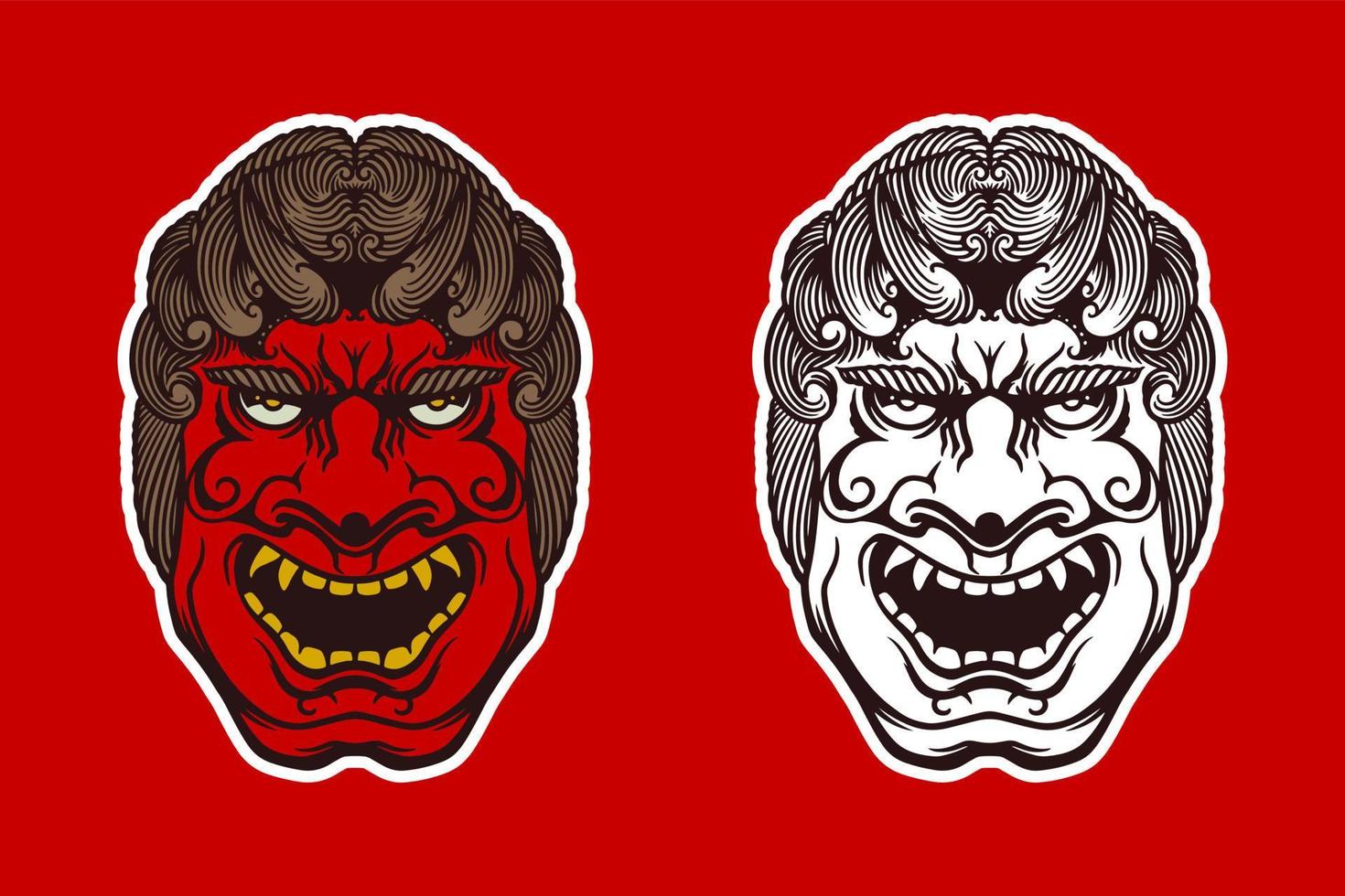 máscara tradicional japonesa blanca roja dibujada a mano sobre fondo rojo. vector