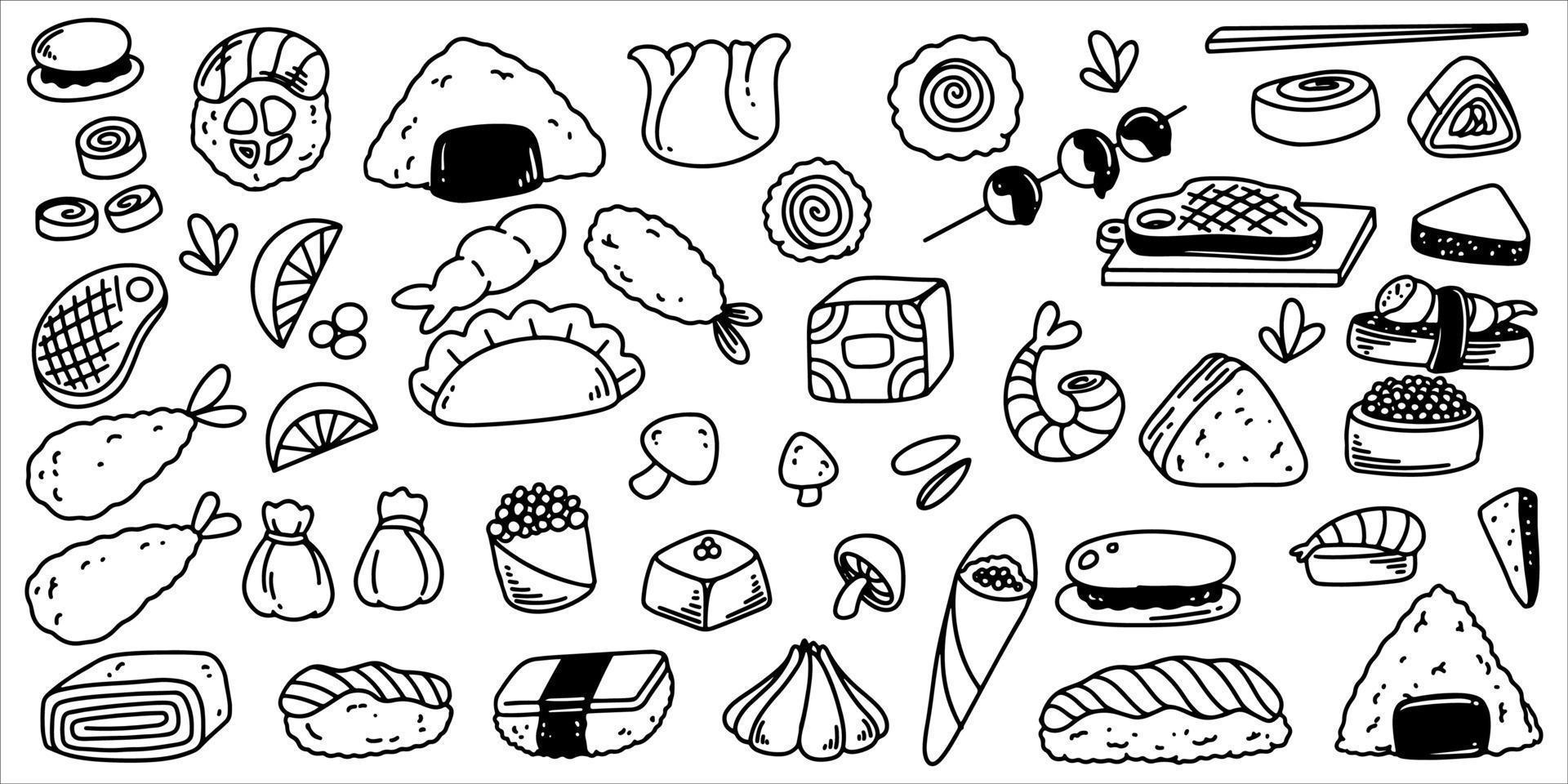 Hand drawing of japanese food set isolated on white background. vector