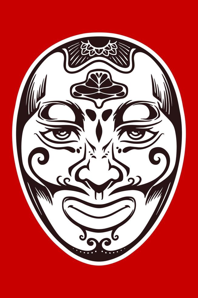 Hand drawn white japanese traditional mask isolated on red background. vector
