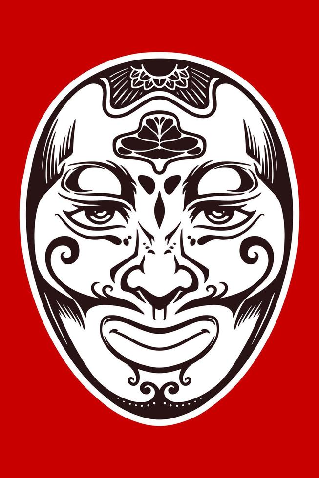 Hand drawn white japanese traditional mask isolated on red background. vector