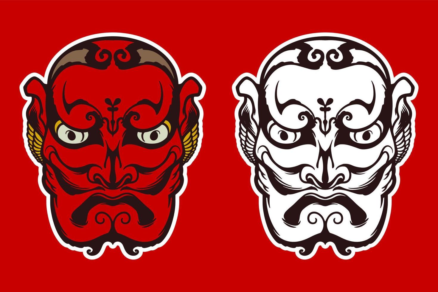 máscara tradicional japonesa blanca roja dibujada a mano sobre fondo rojo. vector