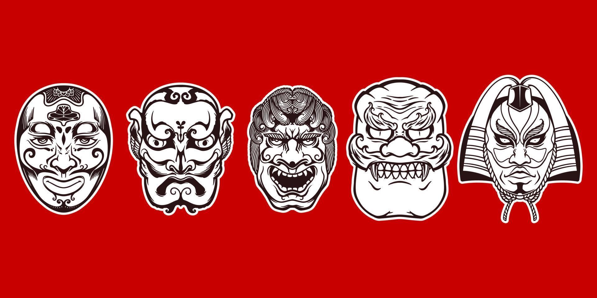 cinco máscaras tradicionales japonesas blancas dibujadas a mano sobre fondo rojo. vector