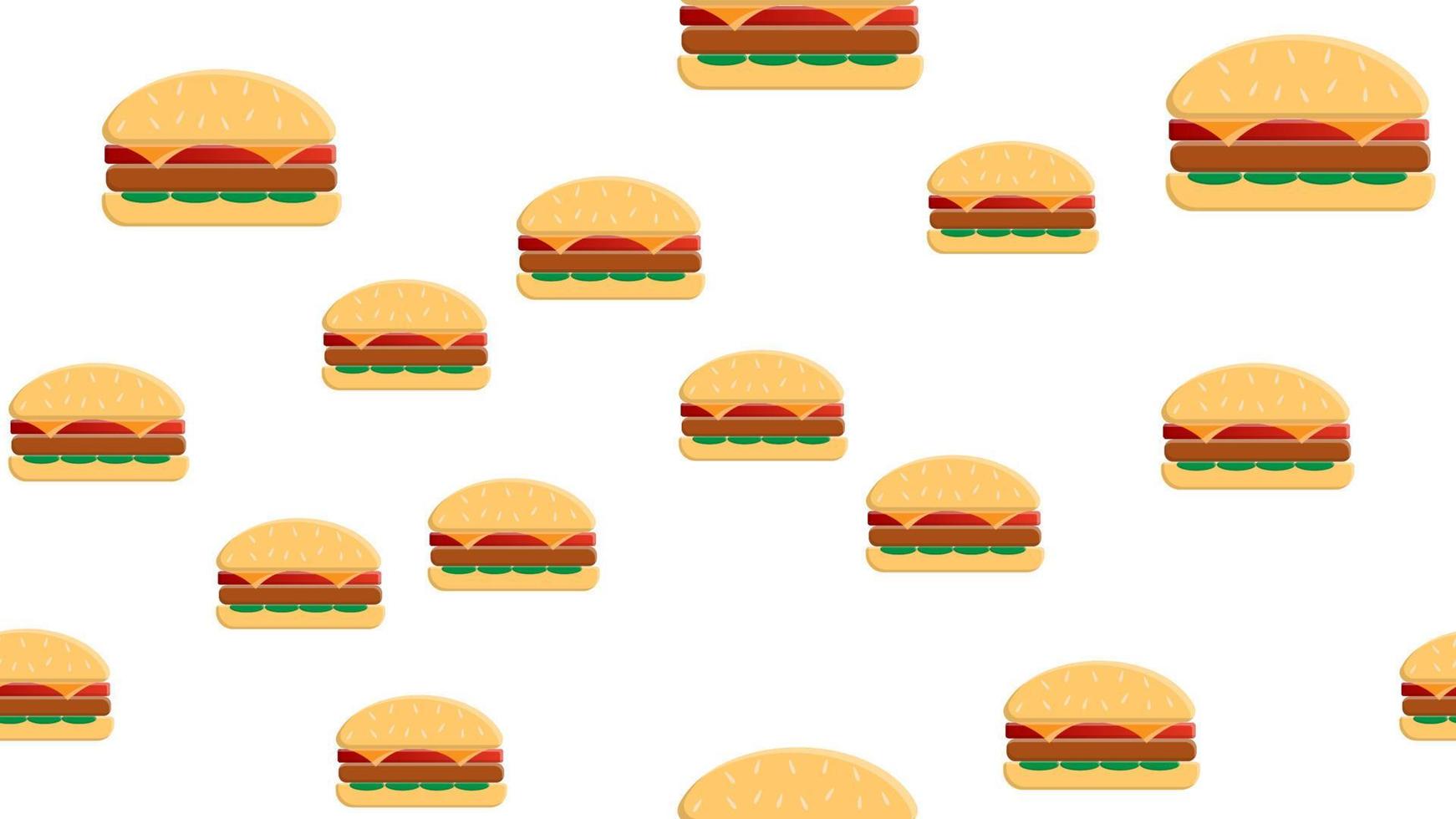 Cartoon colorful bright outline hamburgers on green background seamless pattern. Comic flat pop art burger texture for fast food restaurant or cafe menu banner, textile, wrapping paper, package, cover vector