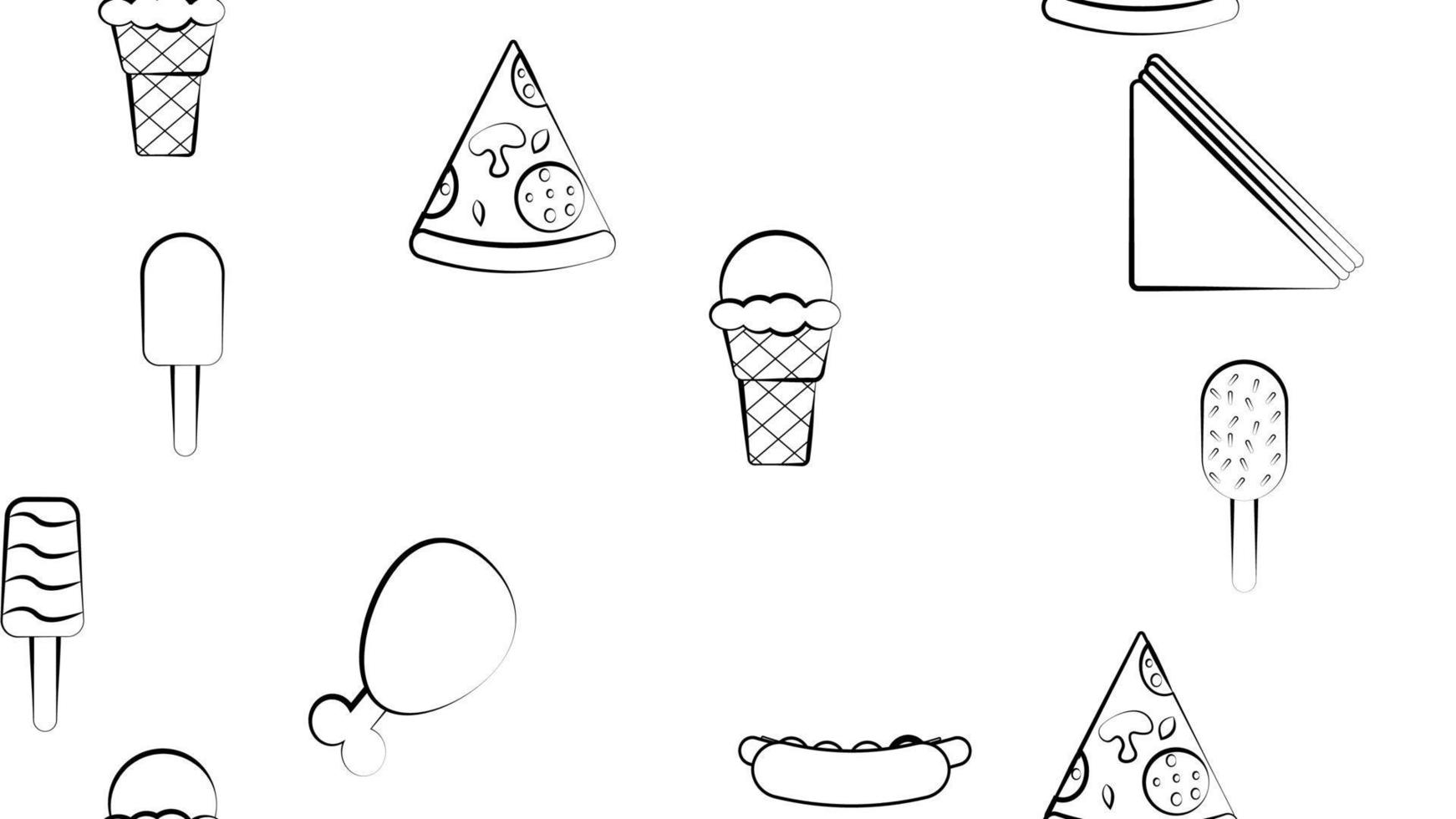 Black and white endless seamless pattern of food and snack items icons set for restaurant bar cafe hot dog, sandwich, ice cream, chicken, pizza. The background vector