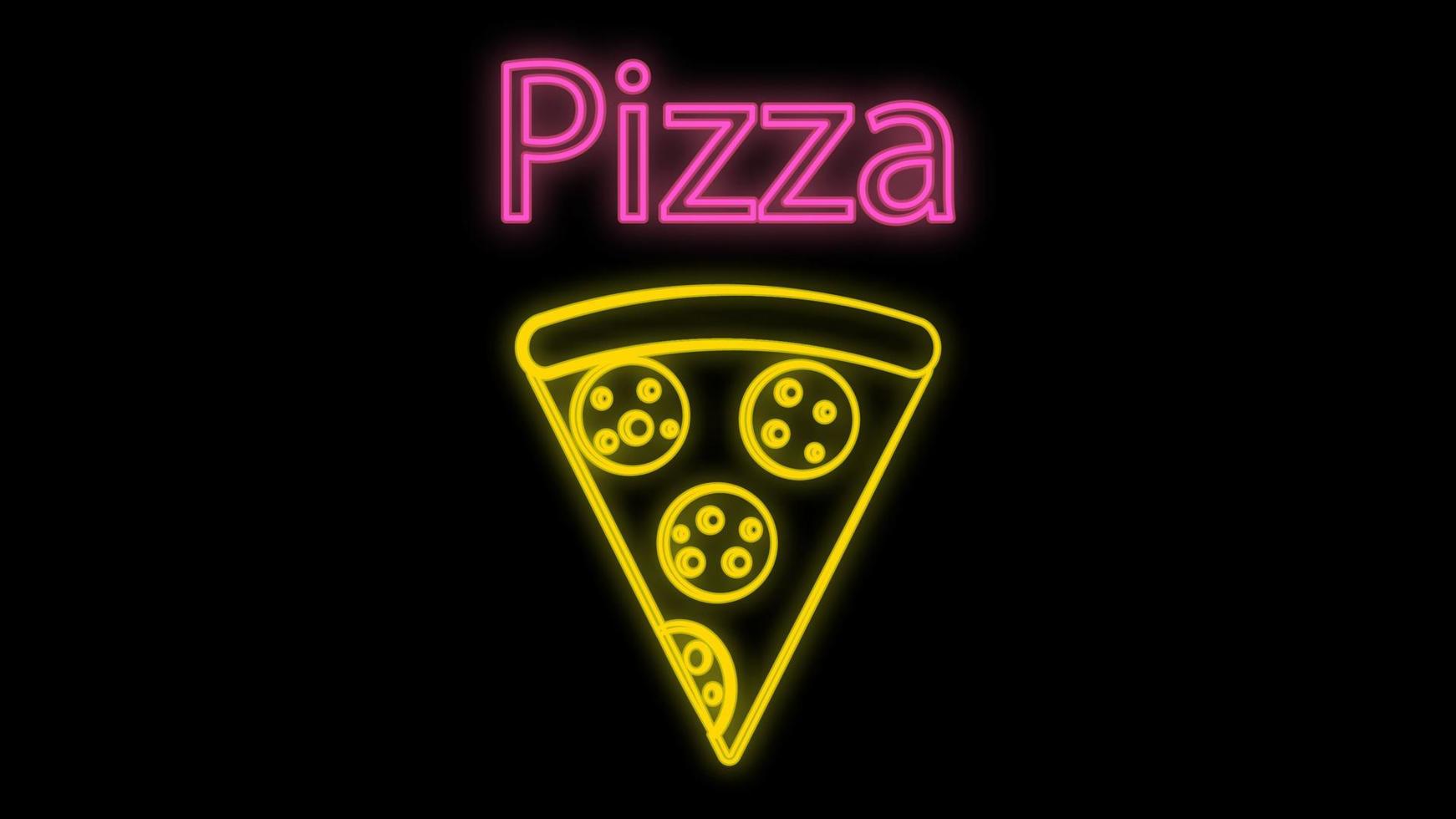 rebanada de pizza sobre una corteza delgada, sobre un fondo negro, ilustración vectorial, neón. letrero de neón amarillo, letrero con inscripción. diseño de comida rápida, restaurante y cafetería. vector