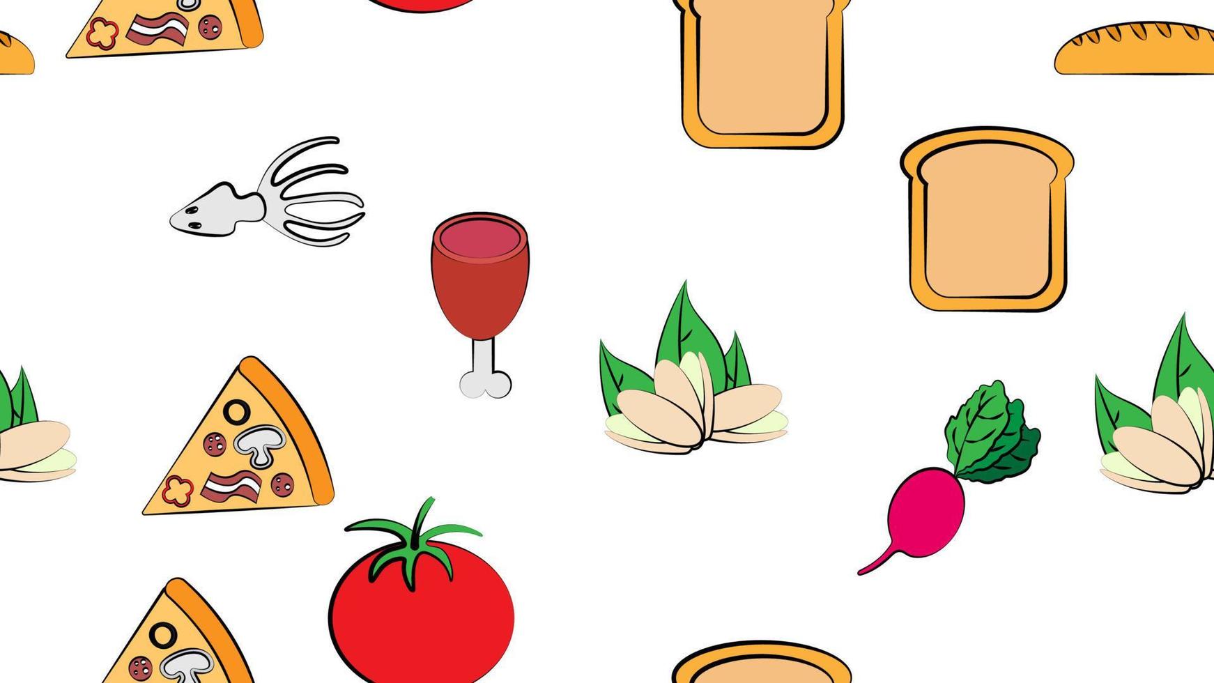 Endless white seamless pattern from a set of icons of delicious food and snacks items for a restaurant bar cafe pizza, meat, ham, pistachios, tomato, bread, loaf, radish, squid. The background vector