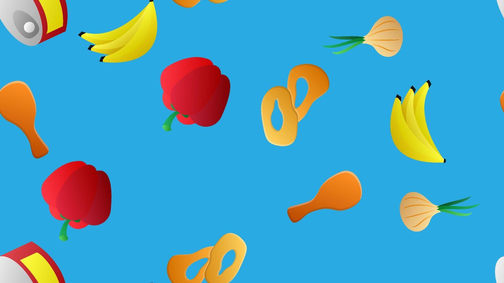 interminable patrón azul sin costuras de deliciosos iconos de alimentos y bocadillos establecidos para restaurante bar café plátano, comida enlatada, cebolla, pimienta, aros de cebolla, pierna de pollo. el fondo vector