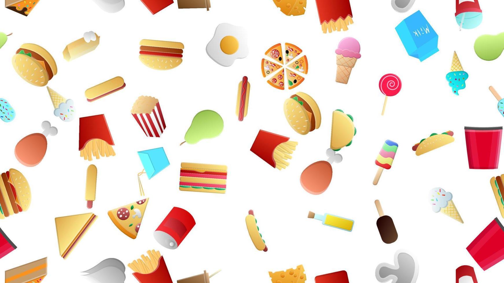 Endless white seamless pattern of delicious food and snack items icons set for restaurant bar cafe fast food, cheat meat, burger, pizza, hot dog, sandwich, fruits, vegetables. The background vector