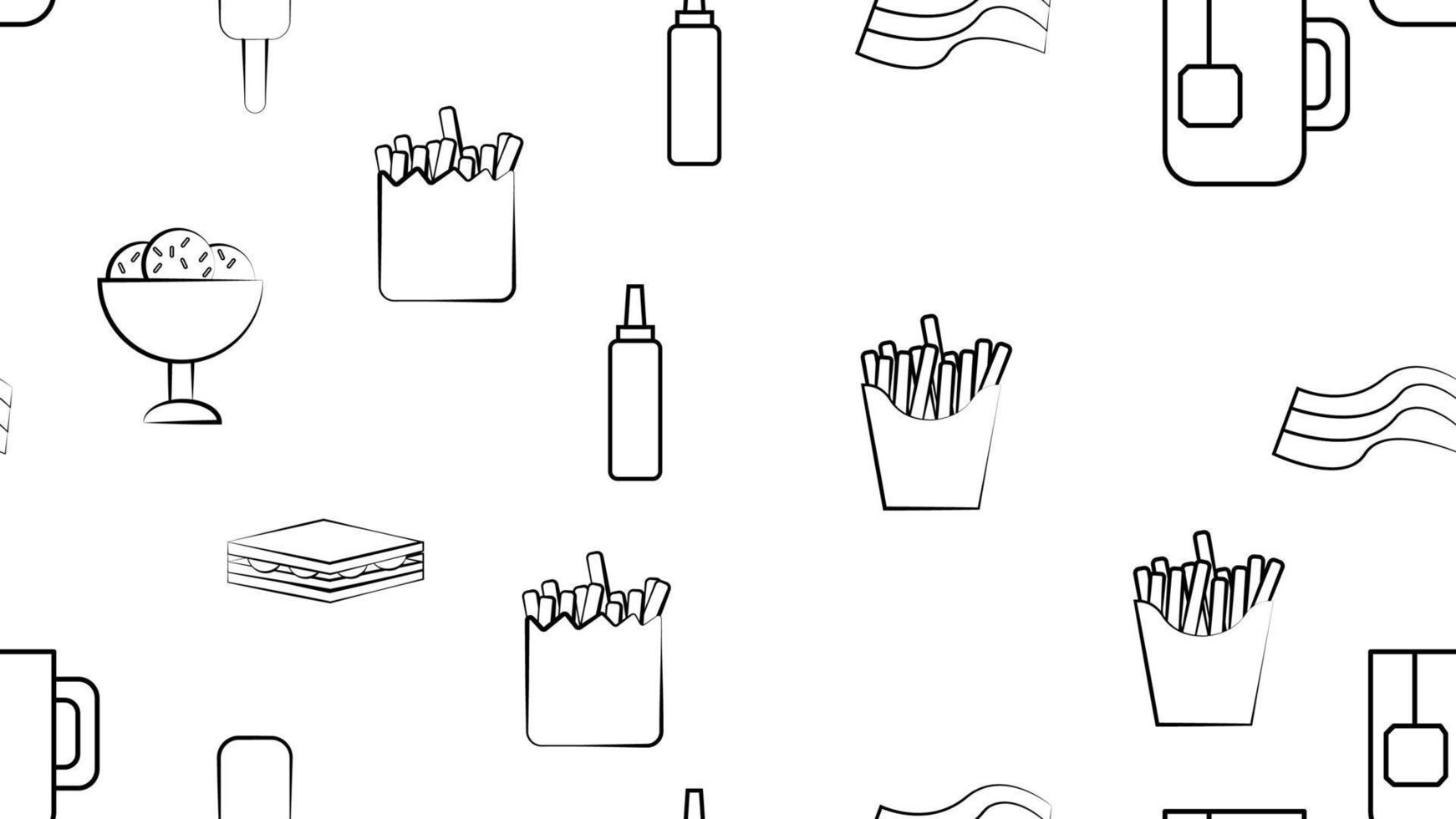 Black and white endless seamless pattern of food and snack items icons set for restaurant bar cafe fries, sandwich, ketchup, ice cream, tea, bacon. The background vector