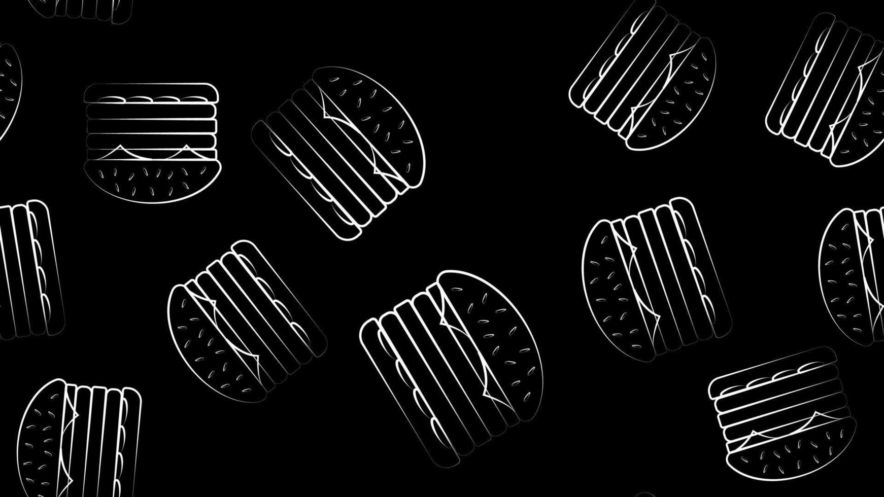 Black Burger icon isolated seamless pattern on white background. Hamburger icon. Cheeseburger sandwich sign. Fast food menu. Vector Illustration
