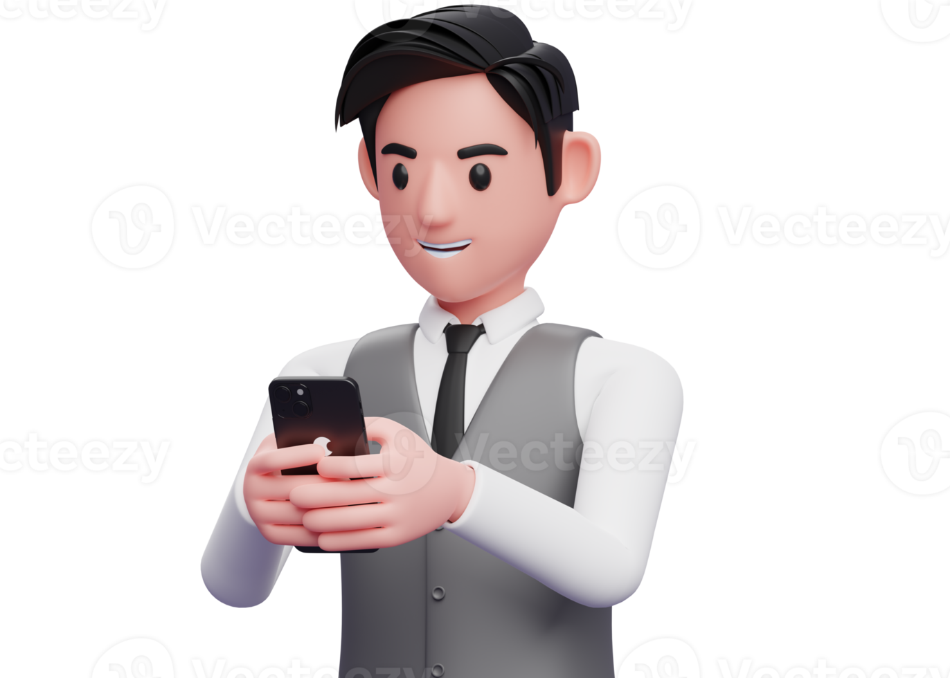 Nahaufnahme eines vielbeschäftigten Geschäftsmannes in grauer Büroweste, der eine Nachricht mit dem Handy tippt, 3D-Darstellung eines Geschäftsmannes, der sein Telefon benutzt png