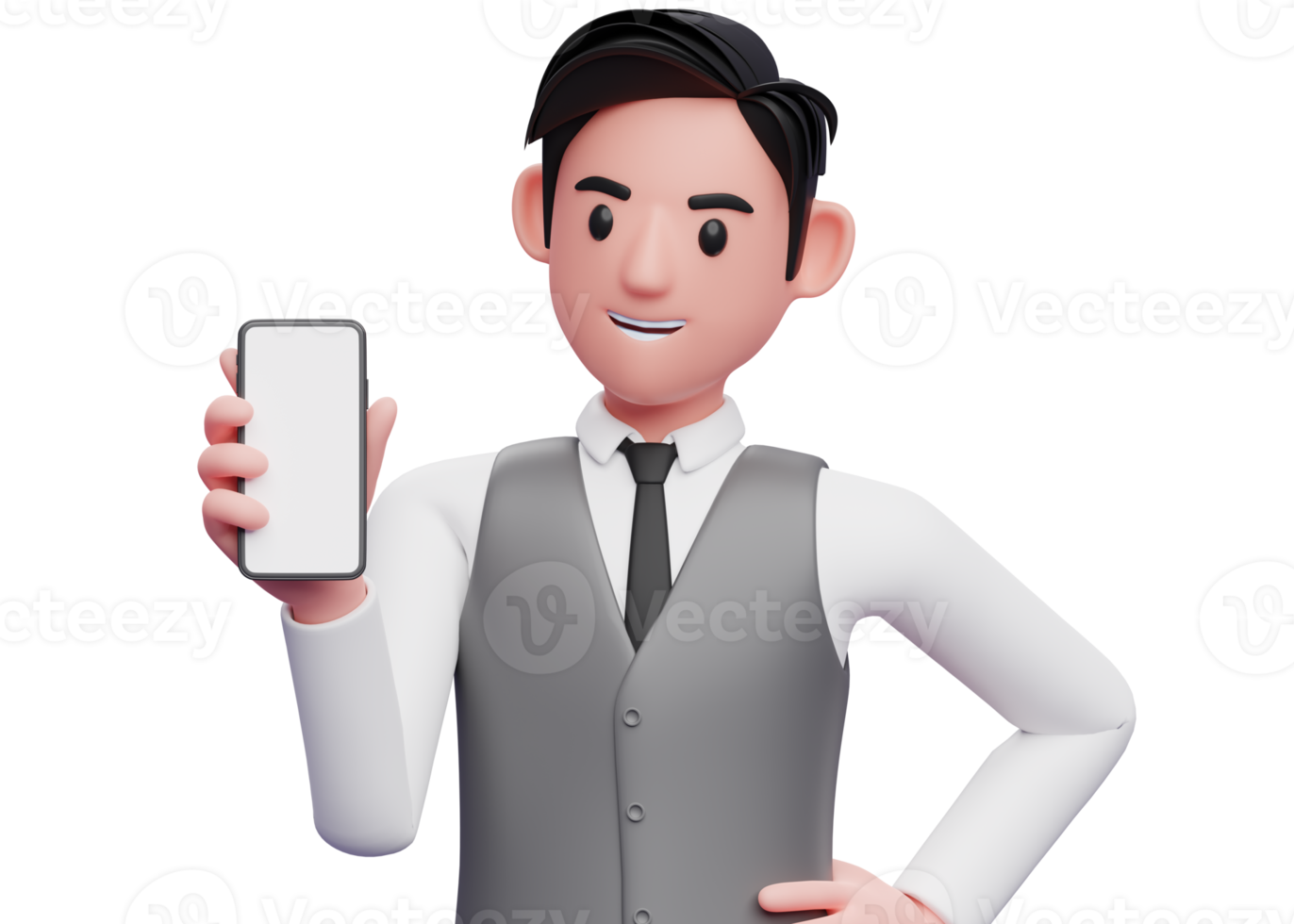 close up of businessman in gray office vest holding and looking to the phone and left hand on waist, 3d illustration of businessman using phone png