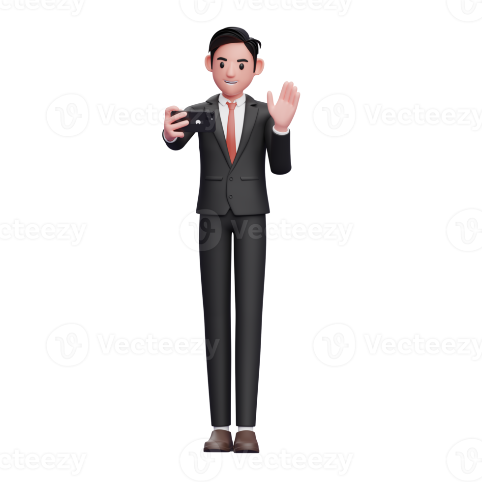 hombre de negocios con traje formal negro hace videollamadas y agita la mano, ilustración 3d del hombre de negocios usando el teléfono png