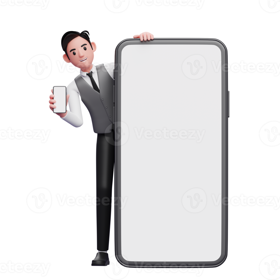 businessman in gray office vest standing behind a big cellphone while showing the phone screen, 3d illustration of businessman using phone png