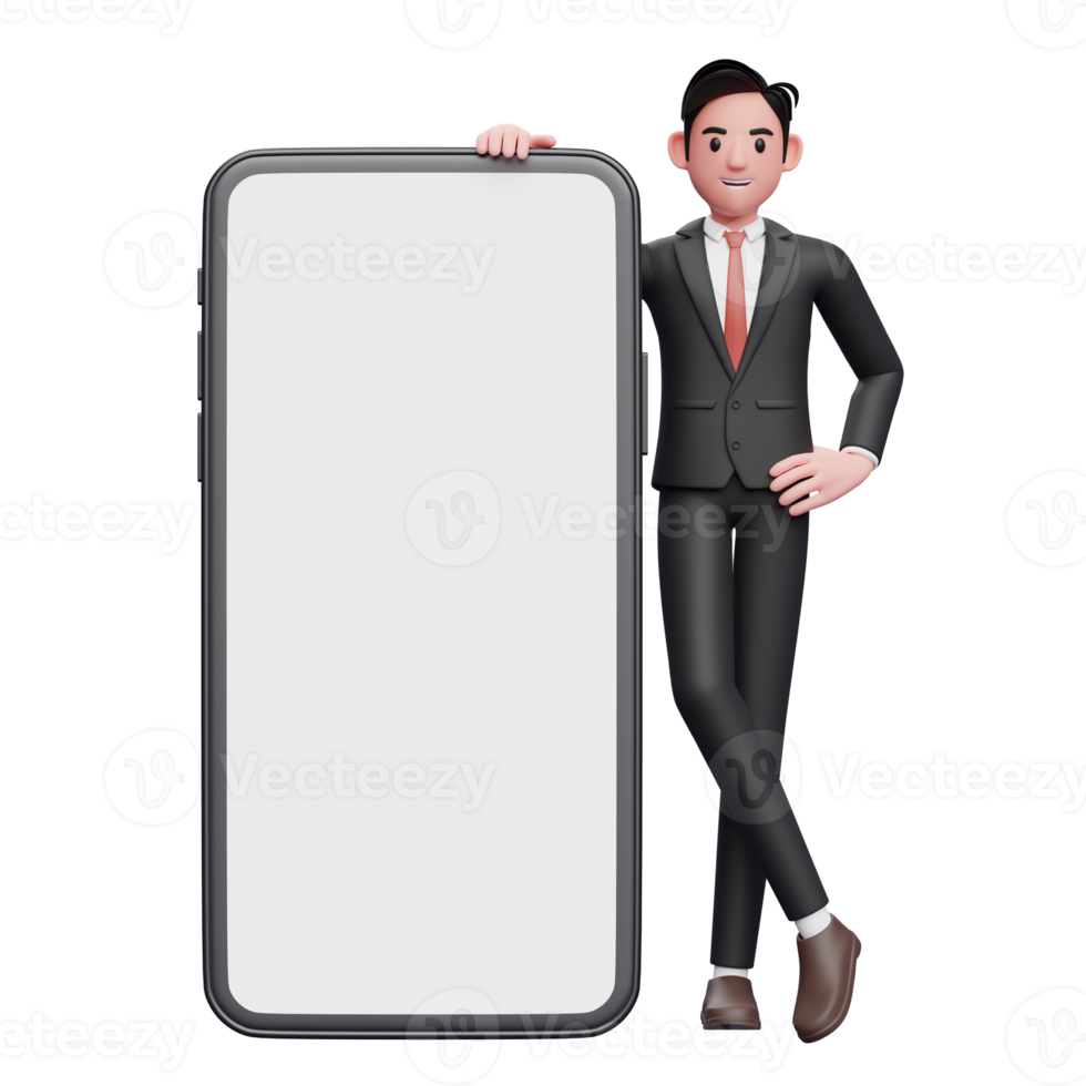 businessman in black formal suit standing next to big phone with white screen with legs crossed and hands on waist, 3d illustration of businessman using phone png