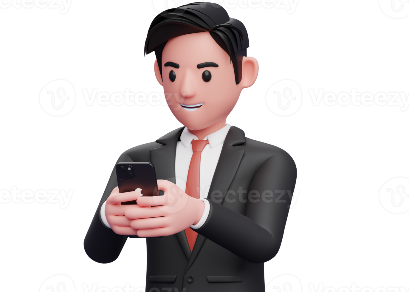 close up of businessman in black formal suit typing message with cell phone, 3d illustration of businessman using phone png