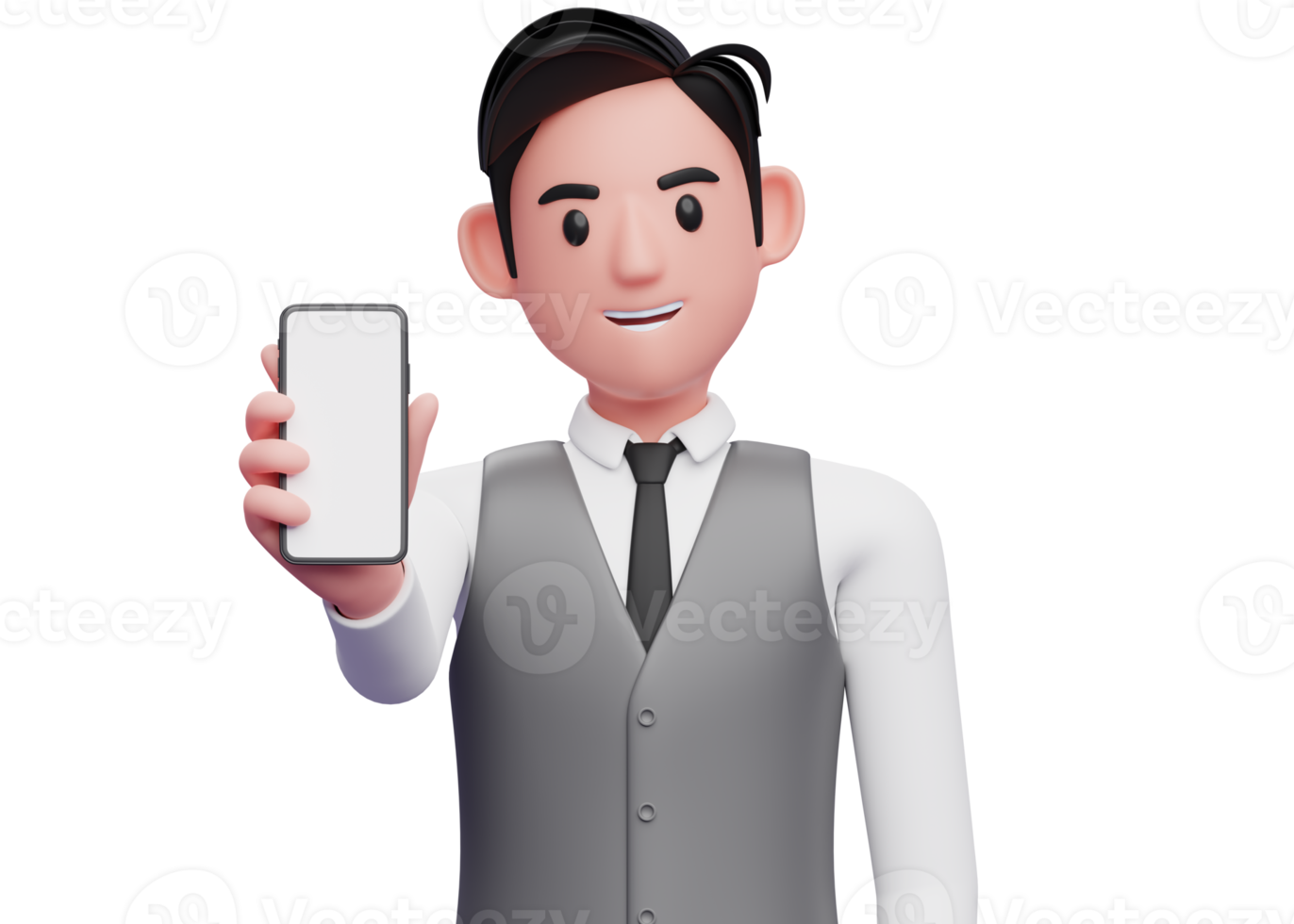 close up of businessman in gray office vest showing phone screen to the camera, 3d illustration of businessman using phone png