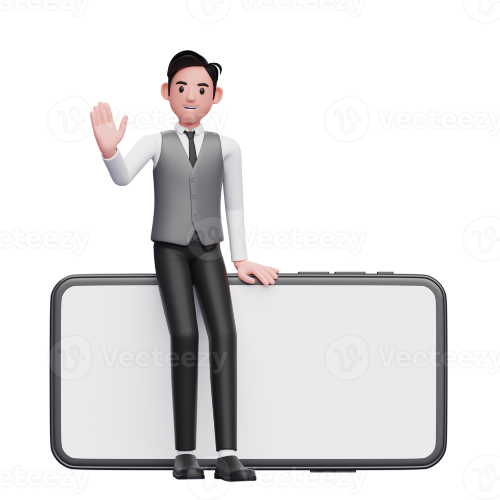 businessman in gray office vest sitting on a big landscape phone and waving hand, 3d illustration of businessman using phone png