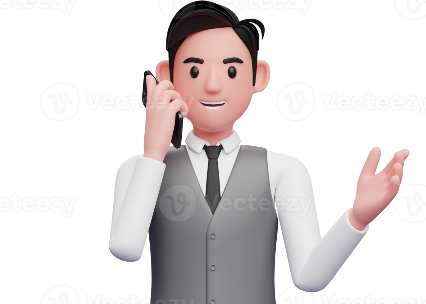 close up of businessman in gray office vest talking on phone while opening hands with gesture demonstrating, 3d illustration of businessman using phone png