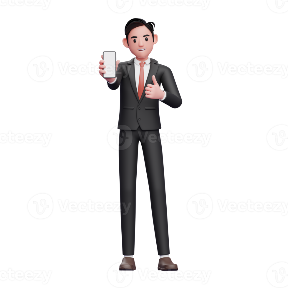 hombre de negocios con traje formal negro da pulgares hacia arriba y muestra la pantalla del teléfono, ilustración 3d del hombre de negocios usando el teléfono png