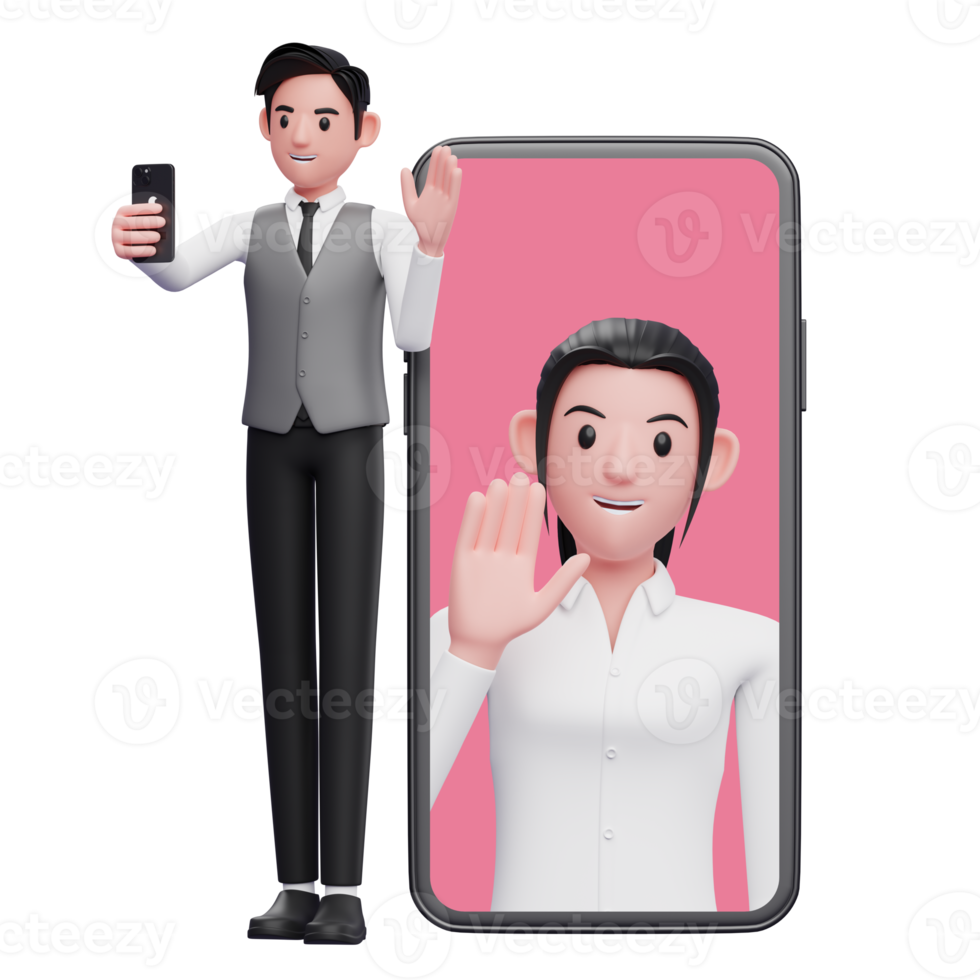 businessman in gray office vest making video call with partner, 3d illustration of businessman using phone png