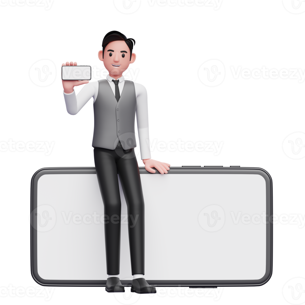 hombre de negocios con chaleco de oficina gris sentado en un teléfono grande mientras muestra la pantalla del teléfono horizontal, ilustración 3d del hombre de negocios usando el teléfono png