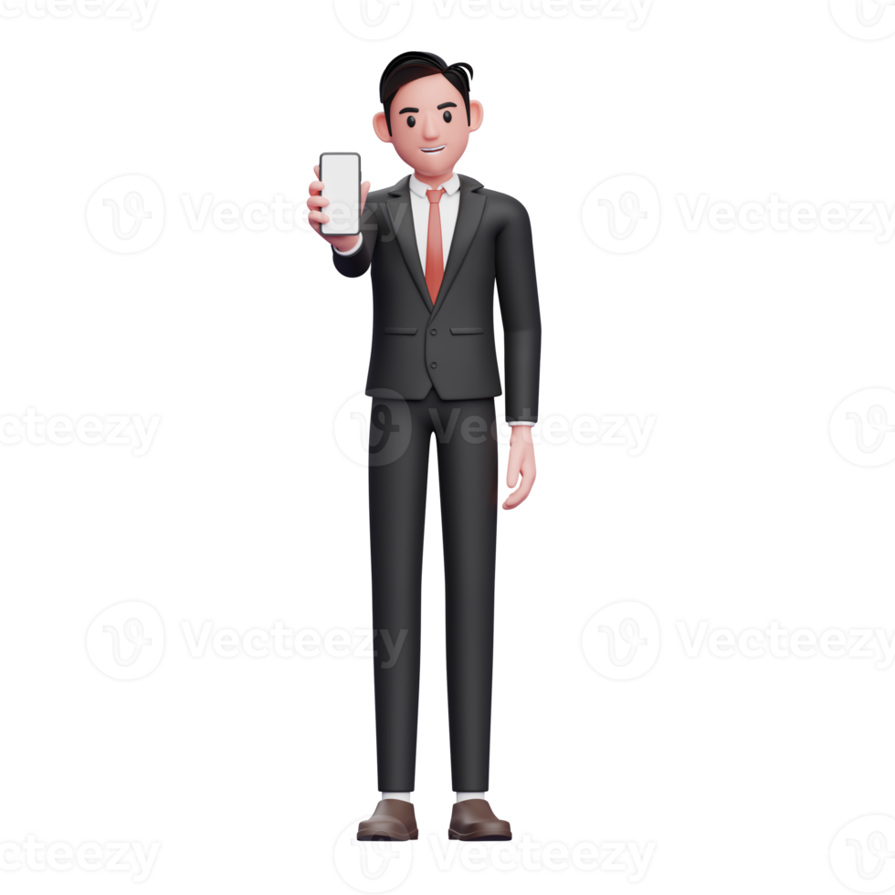 hombre de negocios con traje formal negro que muestra la pantalla del teléfono a la cámara, ilustración 3d del hombre de negocios que usa el teléfono png
