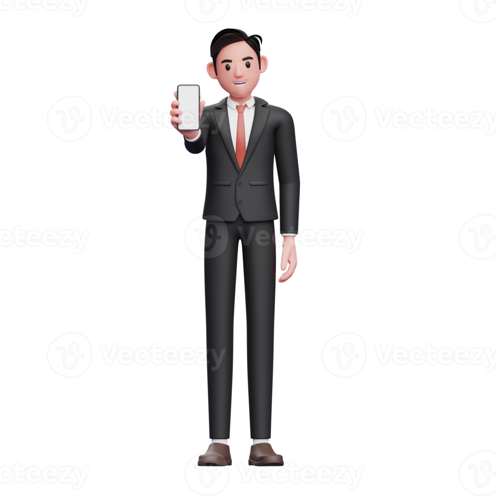 businessman in black formal suit showing phone screen to the camera, 3d illustration of businessman using phone png