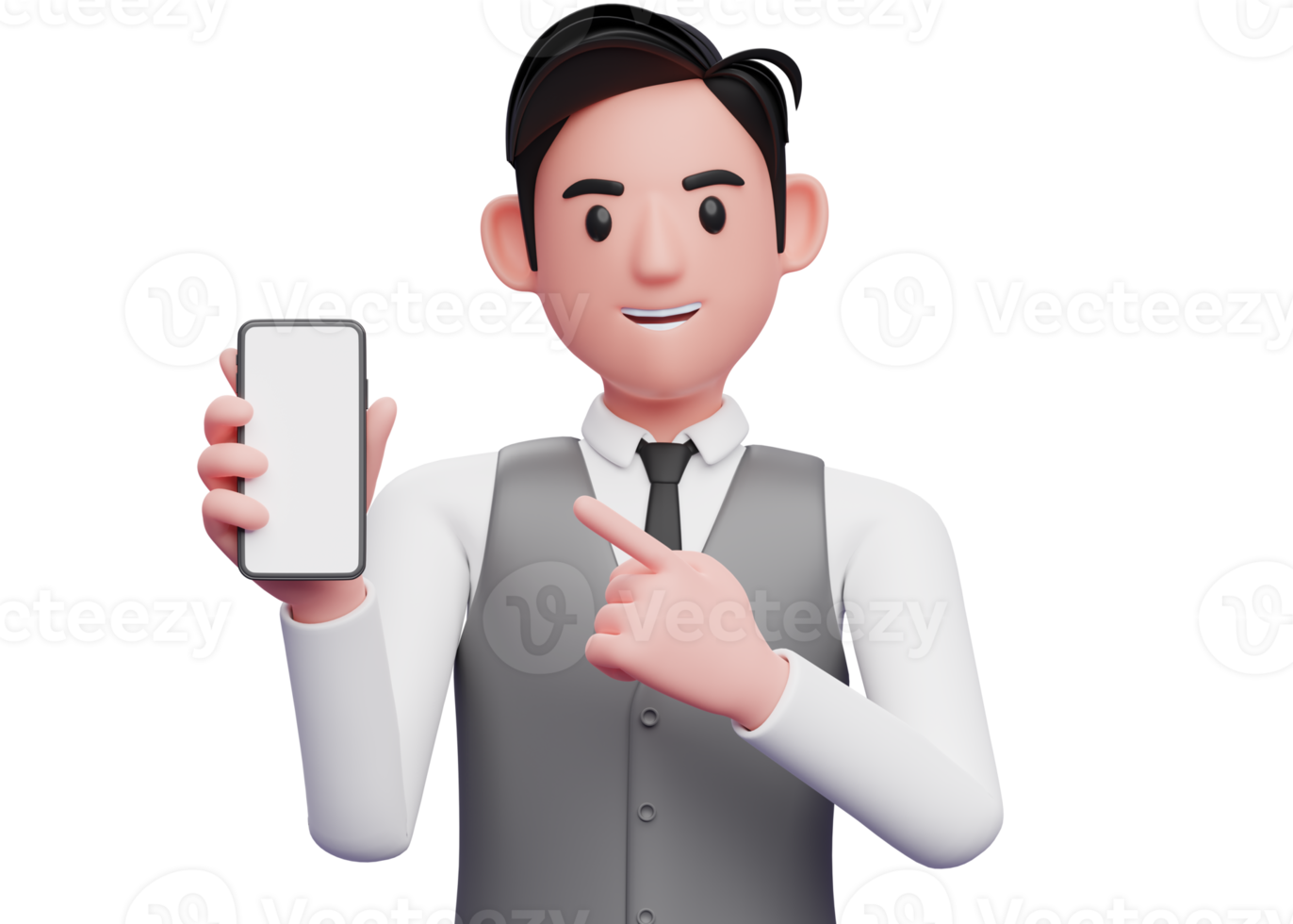 close up of businessman in gray office vest pointing cell phone with index finger, 3d illustration of businessman using phone png
