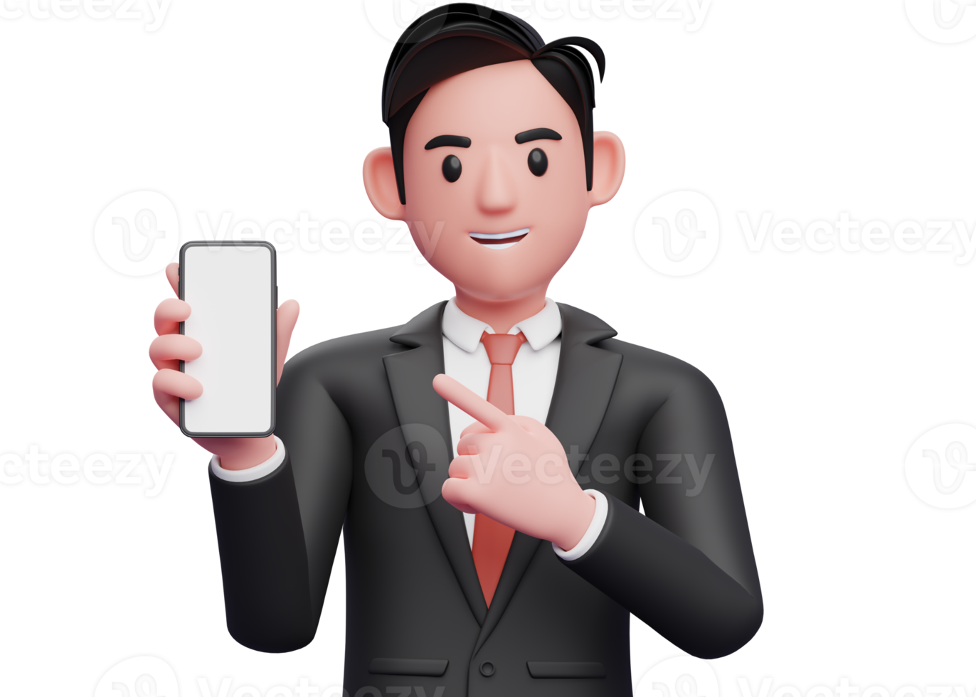 close up of businessman in black formal suit pointing cell phone with index finger, 3d illustration of businessman using phone png