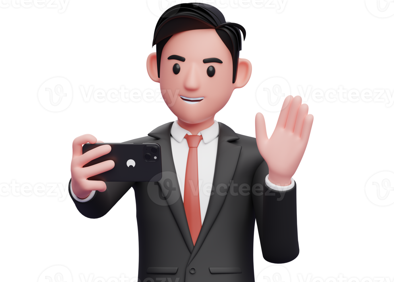 el primer plano de un hombre de negocios con traje formal negro hace una videollamada saludando con la mano, ilustración 3d de un hombre de negocios usando el teléfono png