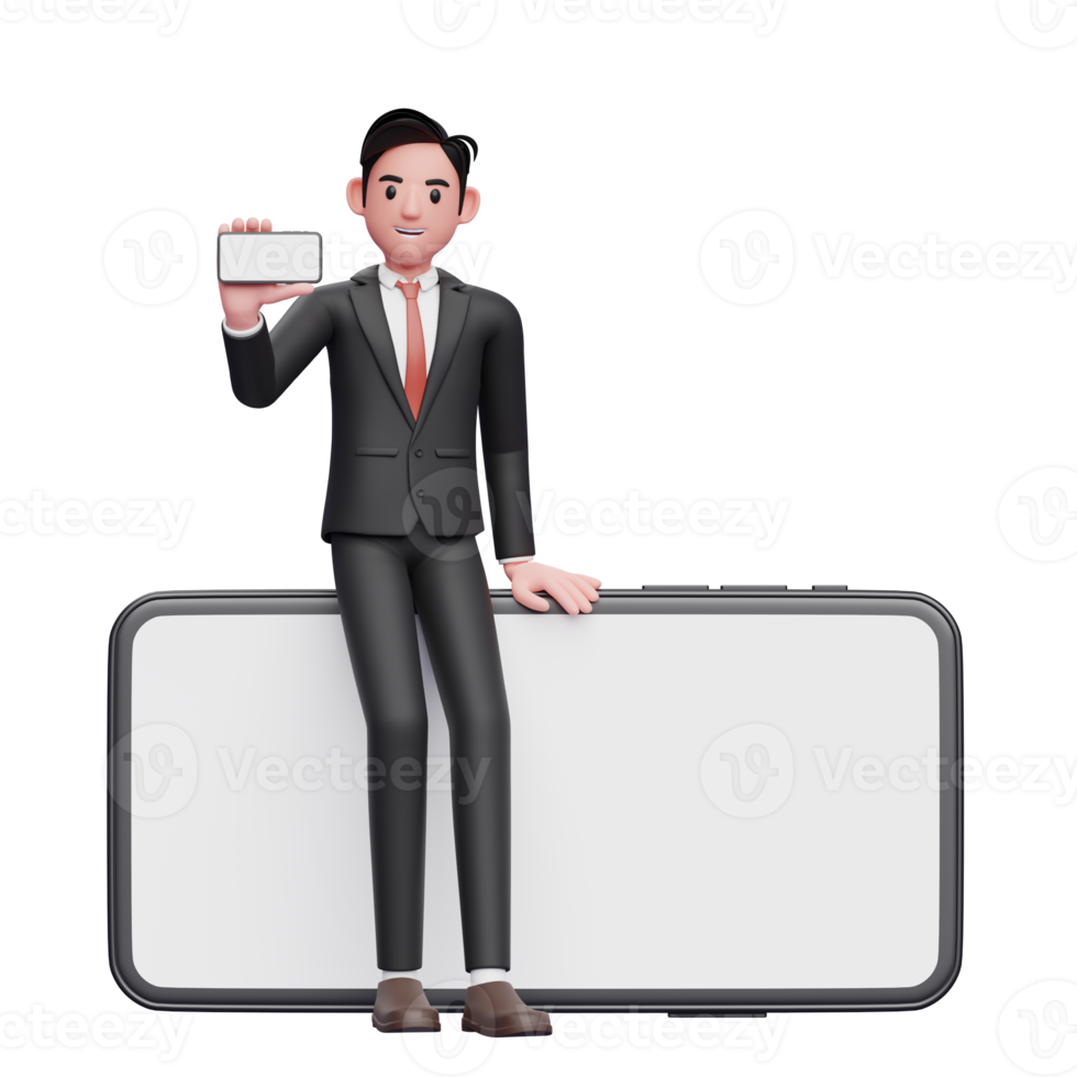 businessman in black formal suit sitting on a big phone while showing the landscape phone screen, 3d illustration of businessman using phone png