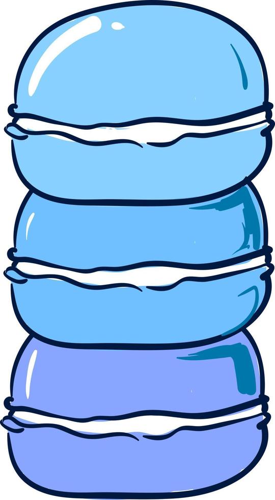Tres macarons azules, ilustración, vector sobre fondo blanco.