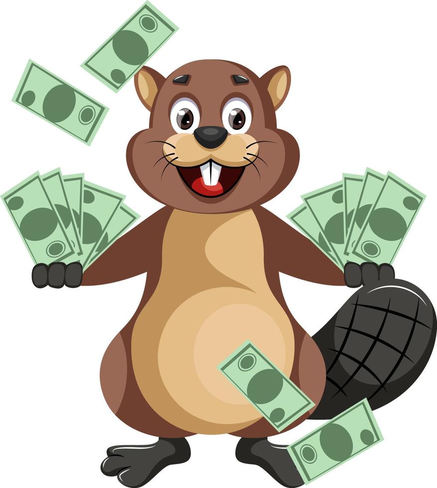 Beaver with money, illustration, vector on white background.