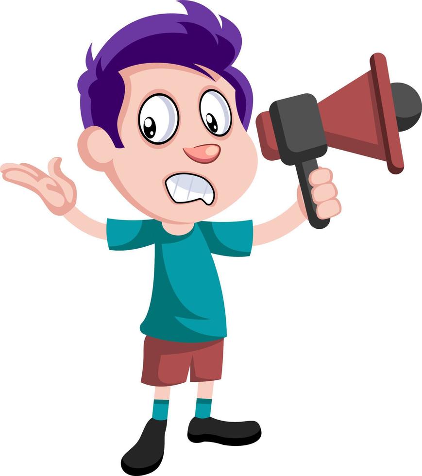 Boy with megaphone, illustration, vector on white background.