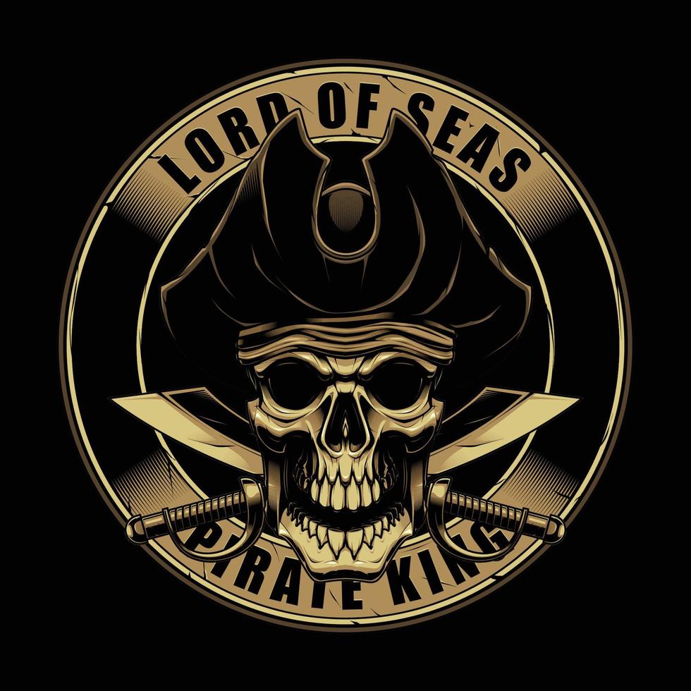 el rey pirata señor del mar. el diseño de ilustración vectorial del cráneo pirata dorado. vector