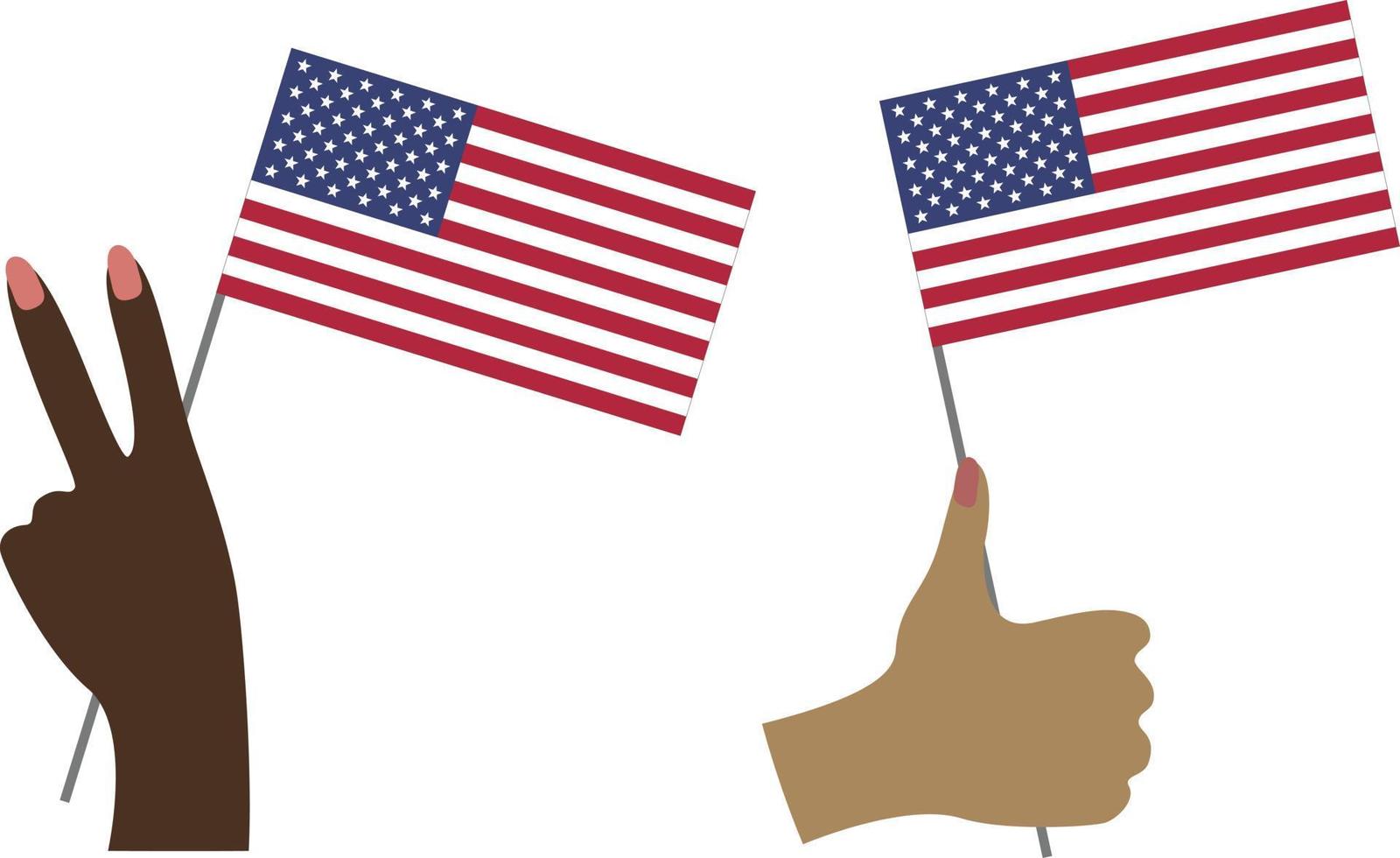 Hands holding america flag, peace sign hands set, dark and light skin vector