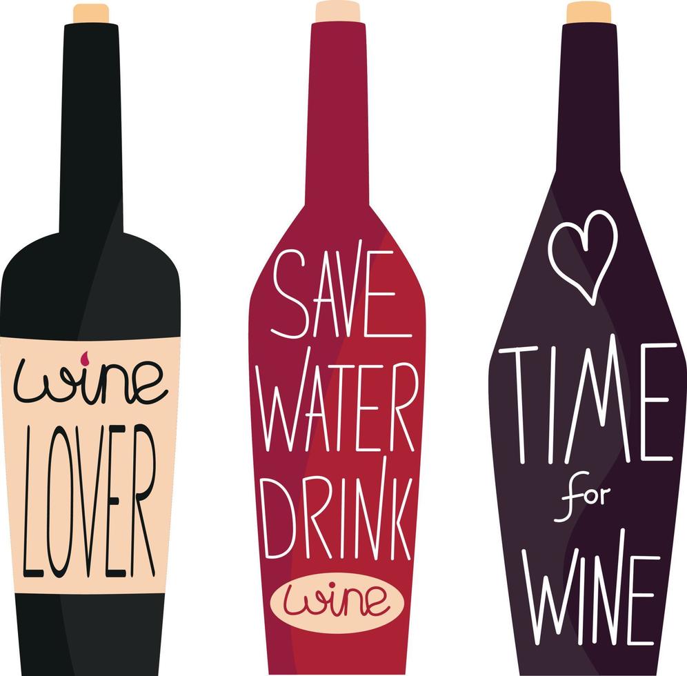 letras a mano en botellas de vino, citas de vino en estilo plano, minimalismo en fondo blanco vector