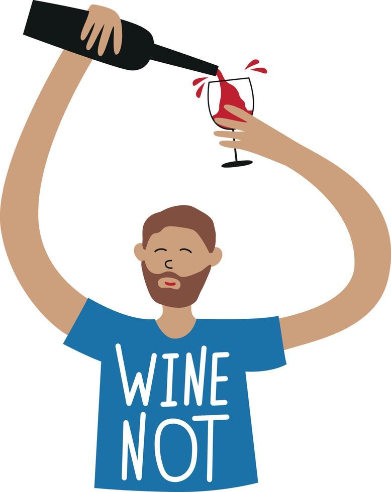 el hombre vierte vino en una ilustración de estilo plano de vidrio, barman de carácter vectorial con botella de vino, letras y cita vector