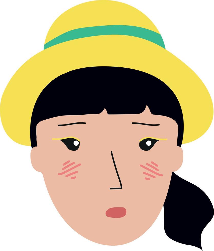 Doodle illustration of a girl in a hat, human head flat style, cartoon character vector