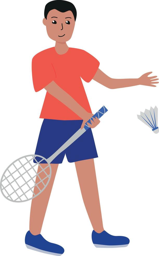 Badminton player guy, shuttlecock serve, shuttlecock throw with racket, badminton game vector