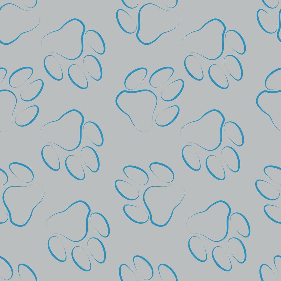 Dog paw seamless pattern, pet paw silhouette, linocut style, hand drawn, one line, blue and gray background vector