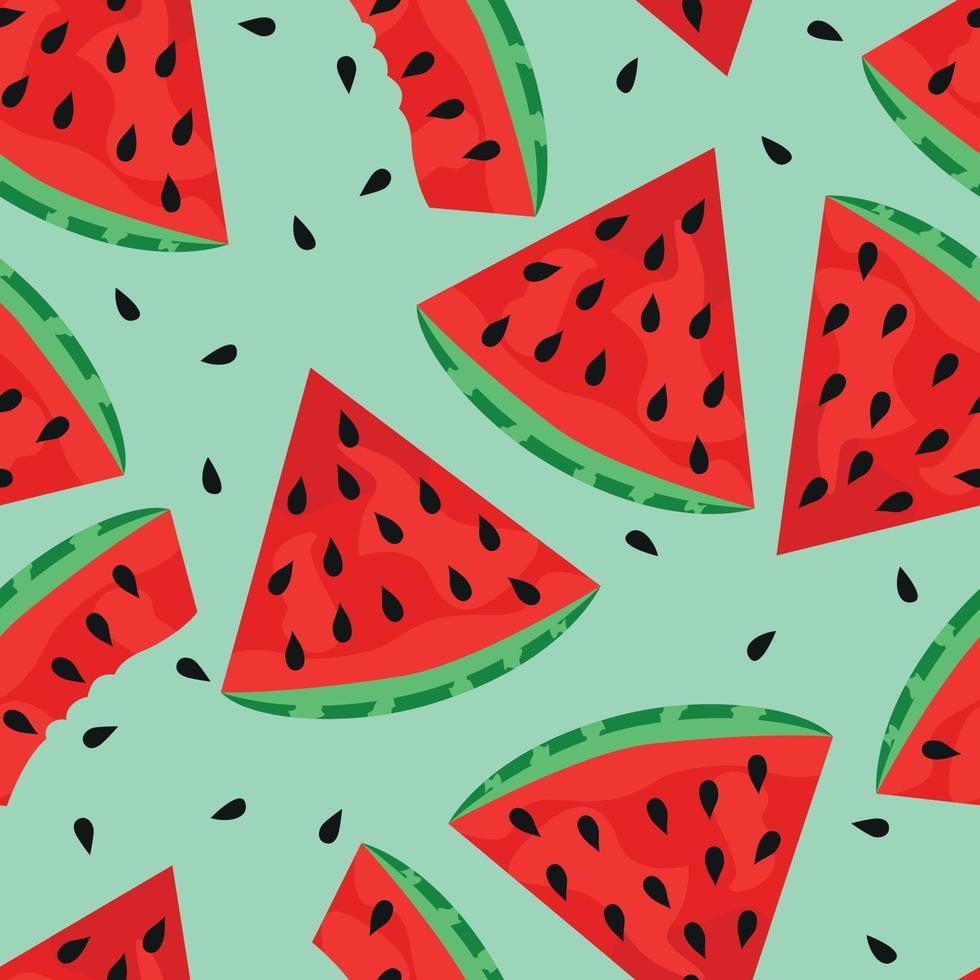 Watermelon slices seamless vector pattern, flat style bright fruits on green background